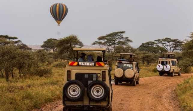 Safari cars and a hot air balloon